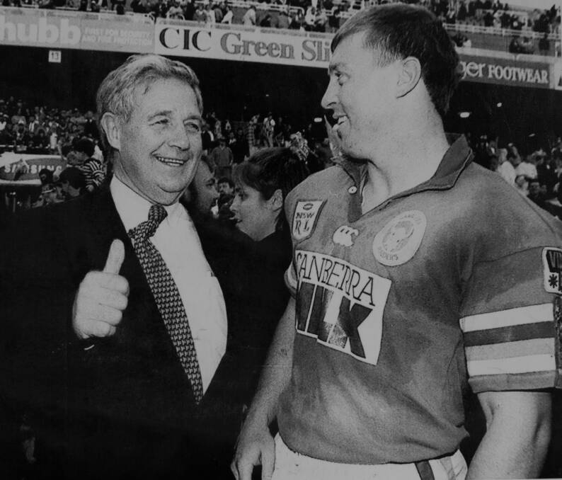 Don Furner snr with son David, who won the Clive Churchill Medal in the 1994 grand final. Picture: The Canberra Times archive 
