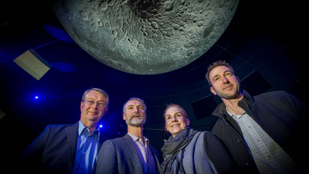 From left, CSIRO's Ed Kruzins, the National Museum's Robert Bunzli, Questacon's Stephanie Hodge and Geoscience Australia's Steven Petrovski at Questacon for the launch of the Moon Rock Trail last week. Picture: Karleen Minney
