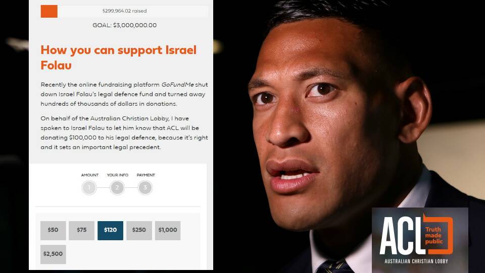 The Australian Christian Lobby is facilitating Israel Folau's fundraising efforts.