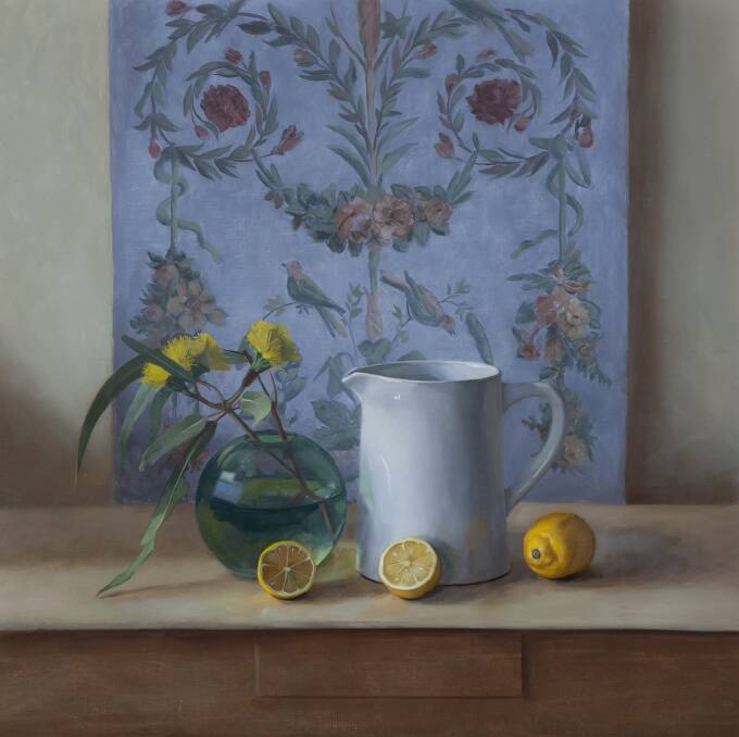 Crispin Akerman, Green glass vase and lemons.