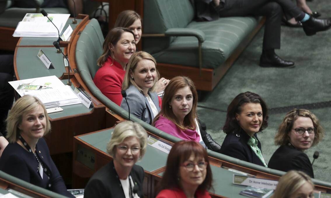 Peta Murphy, sitting in the front row in a grey jacket, joins other newly elected MPs during a tour of Parliament last month. Picture: Alex Ellinghausen