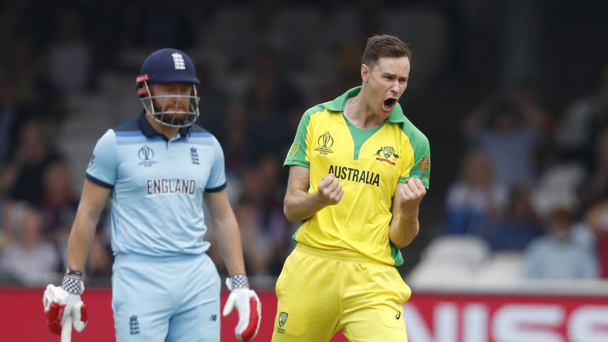 Australia's Jason Behrendorff celebrates after taking the wicket of England's James Vince. Picture: AP Photo