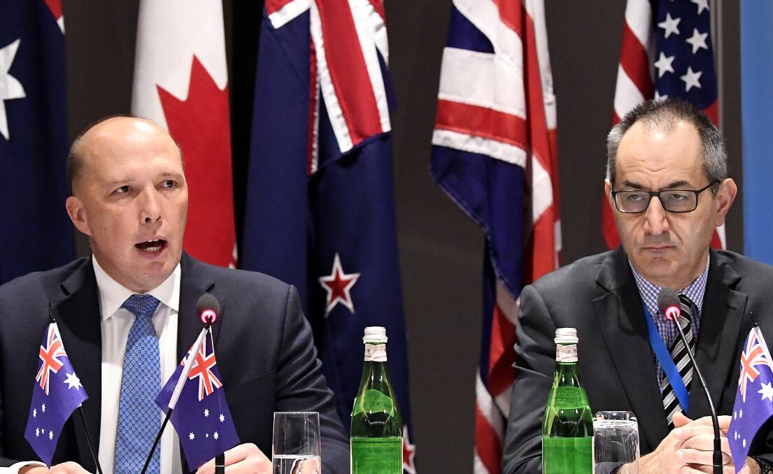 The Home Affairs empire: minister Peter Dutton and his secretary, Mike Pezzullo. Picture: Dave Hunt