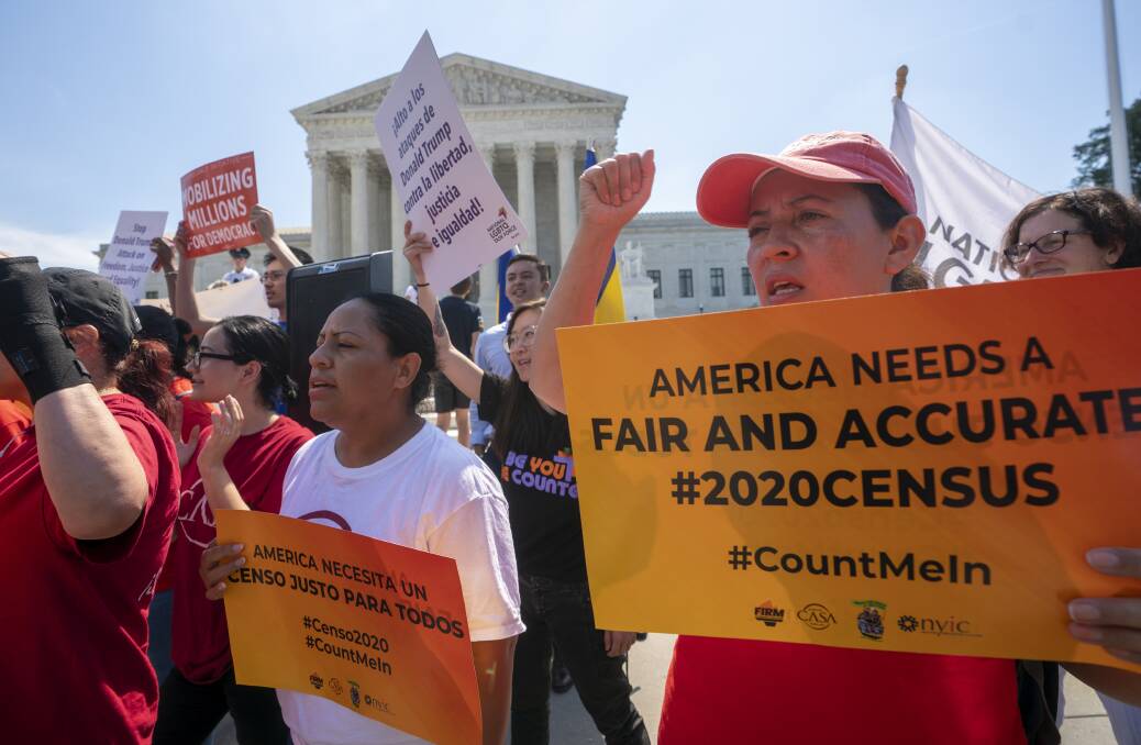 Demonstrators protesting the census case gather at the Supreme Court. Picture: AP