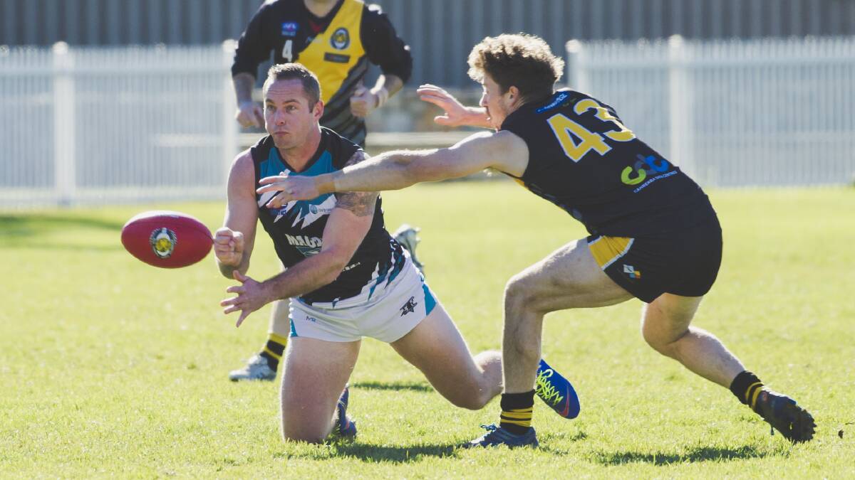 Magpies Daniel Posch, and Queanbeyan's Liam Greenwell. Picture: Jamila Toderas