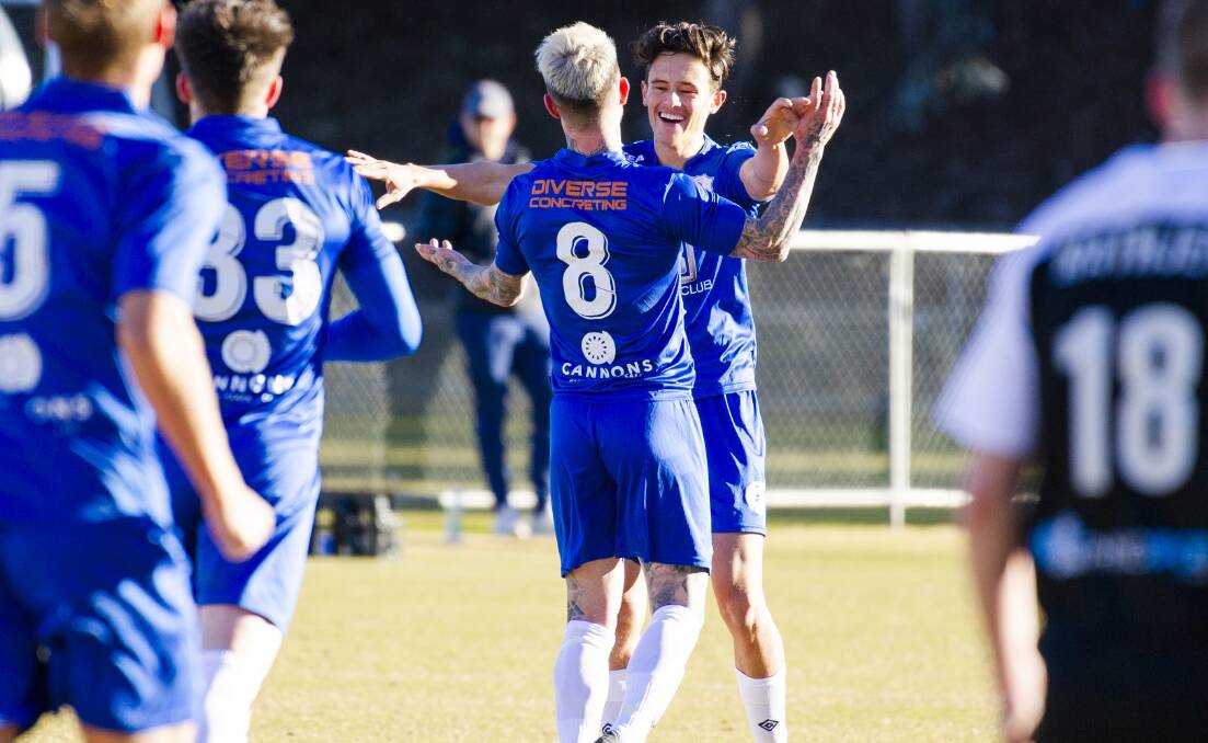 Action from Canberra Olympic's 7-2 win over Gungahlin United.