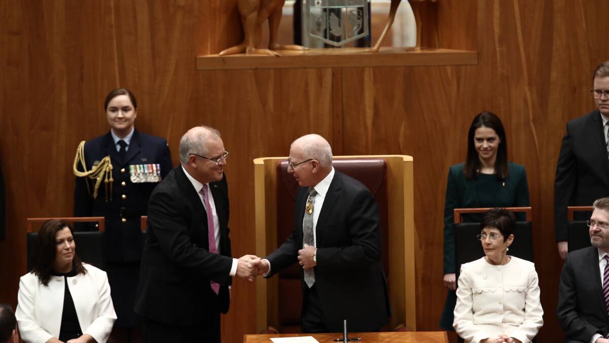 Governor-General David Hurley is congratulated by Prime Minister Scott Morrison after being sworn in by Chief Justice Susan Kiefel. Picture: Dominic Lorrimer