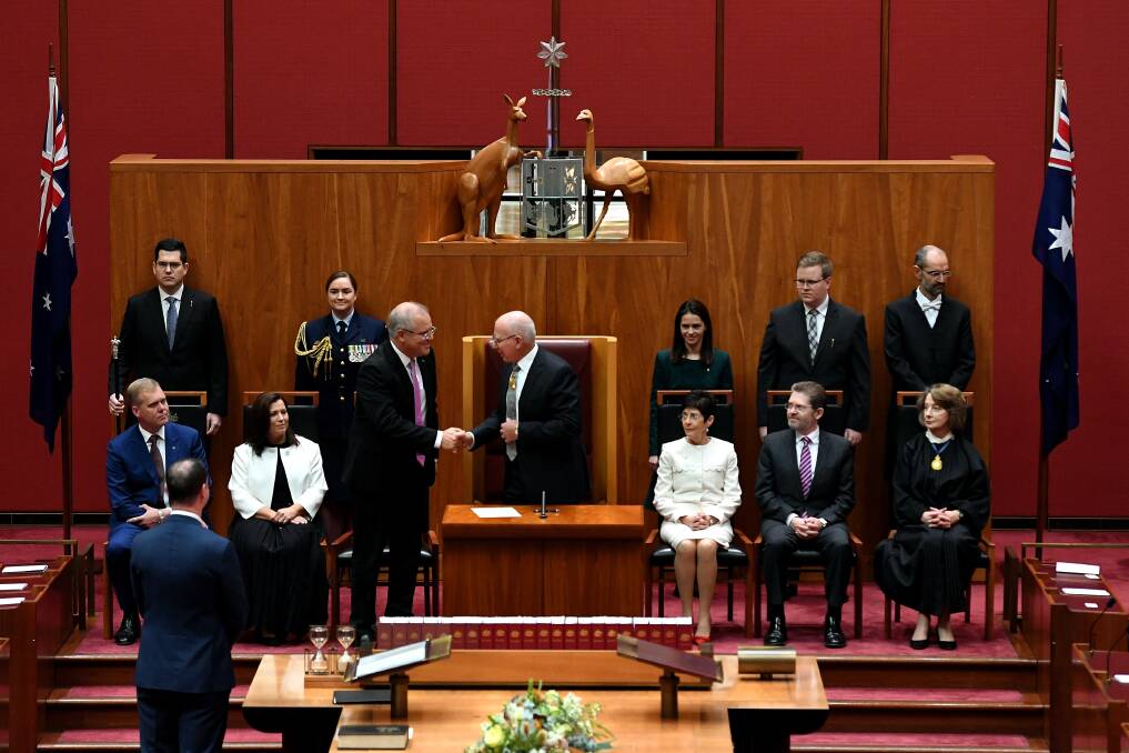 Incoming Governor-General of the Commonwealth of Australia David Hurley is seen with Australian Prime Minister Scott Morrison during the swearing in ceremony in the Senate. Picture: AAP