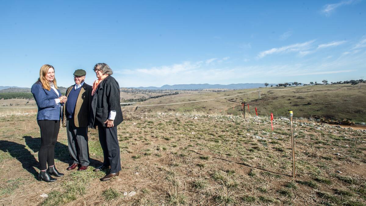 Deputy Chief Minister Yvette Berry MLA, and Gough and Margaret's daughter Catherine Dovey and her husband Kim Williams check out the new suburb of Whitlam. Picture: Karleen Minney