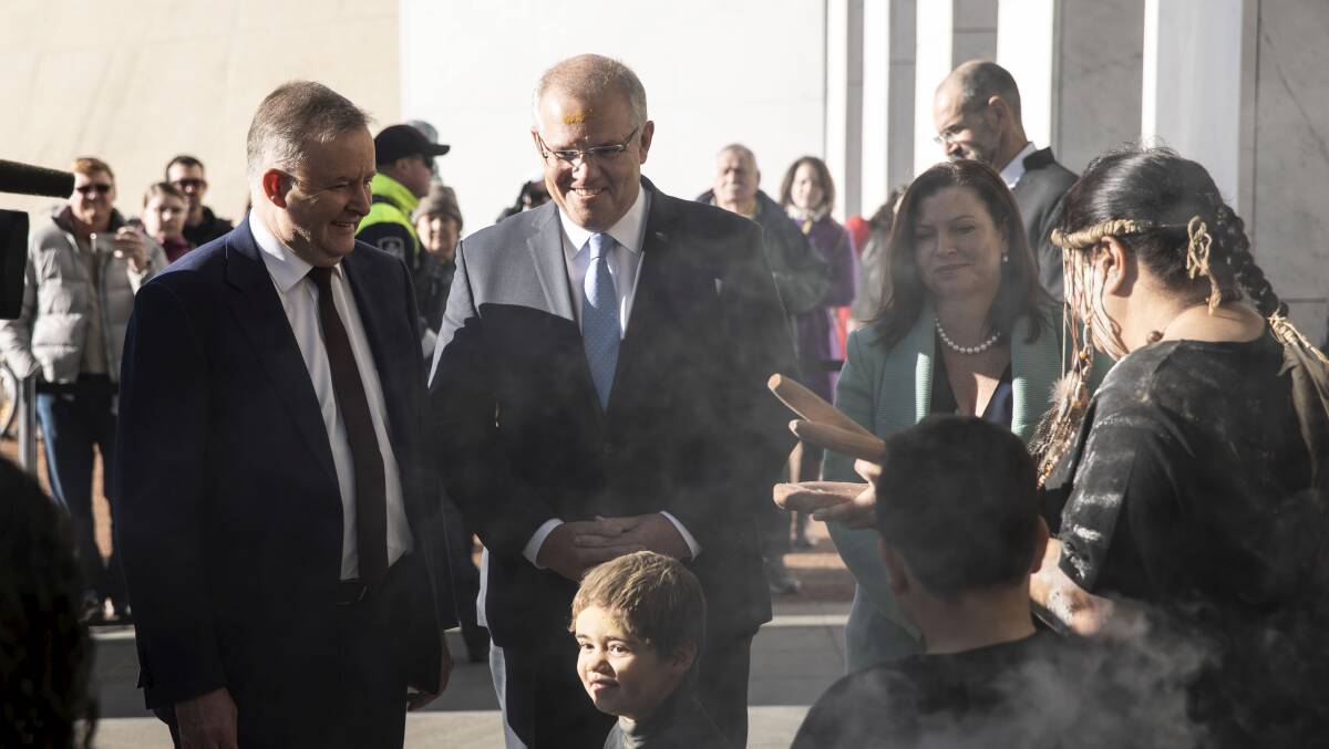 Prime Minister Scott Morrison and Opposition Leader Anthony Albanese during a welcome to country for the opening of the 46nd parliament at Parliament House on July 2. Picture: Dominic Lorrimer