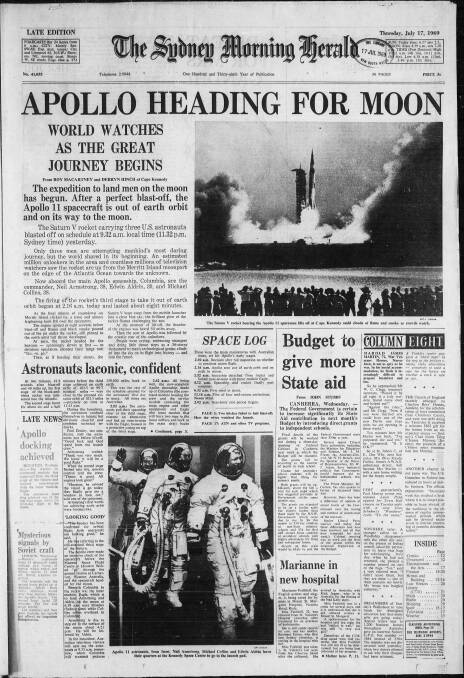 "Apollo Heading for the moon. World Watches As the Great Journey Begins". The front page of the Sydney Morning Herald on July 22, 1969. Picture: Supplied