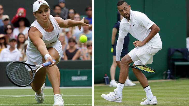 Split screen: Channel 7 chose to air Nick Kyrgios' match (right) over newly-crowned world No. 1 Ash Barty (left). Pictures: AP