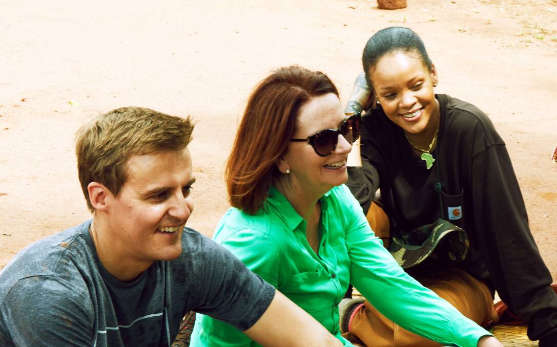 Julia Gillard with Hugh Evans, CEO of youth charity Global Citizen, and pop star Rihanna, an ambassador for The Global Partnership For Education, in Malawi. Picture: Evan Rogers