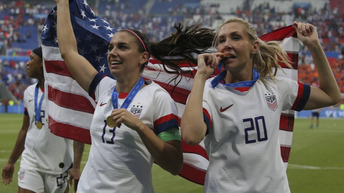 Alex Morgan and Allie Long celebrate their victory in the Women's World Cup final. Picture: AP