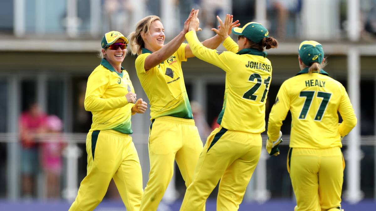 Ellyse Perry celebrates taking one of her seven wickets during the third ODI of the Women's Ashes. Picture: PA