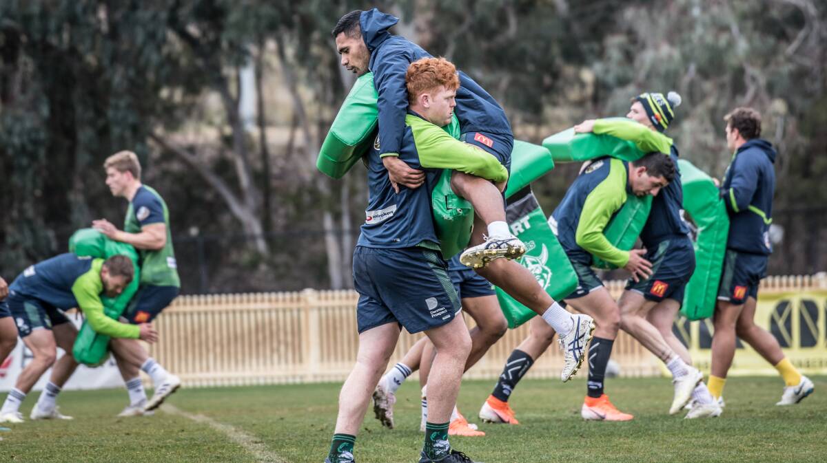 Young stars Corey Horsburgh and JJ Collins collide at training. Picture: Karleen Minney
