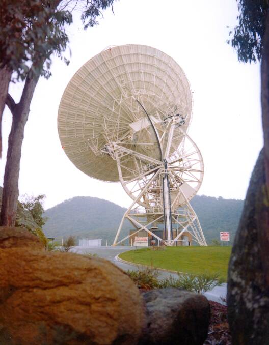 A moment in time. Just a second or two before Neil Armstrong stepped onto the moon, Hamish Lindsay snapped this photo of the Honeysuckle dish, which was already transmitting the live TV images it was receiving from the lunar module "Eagle". Picture: Hamish Lindsay and Colin Mackellar