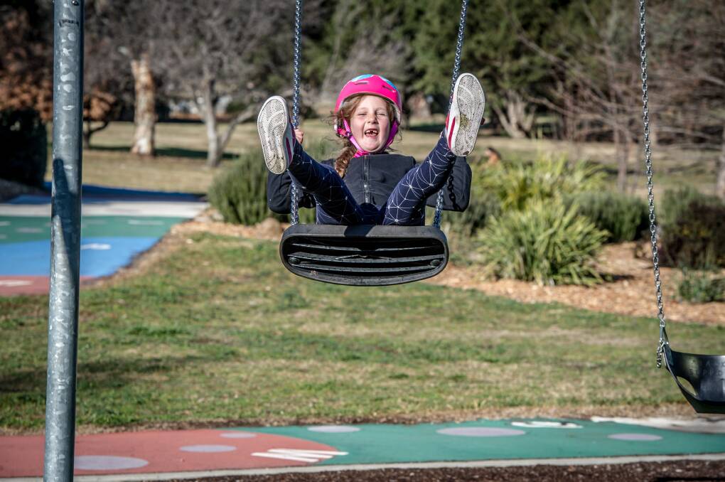 Construction is now under way on the new nature play spaces in Eddison Park, Farrer and Glebe Park, to provide Canberra kids with exciting new opportunities to be active, grow and learn. Sophie Bolto, 6, of Fadden plays at Eddison park. Picture: Karleen Minney.