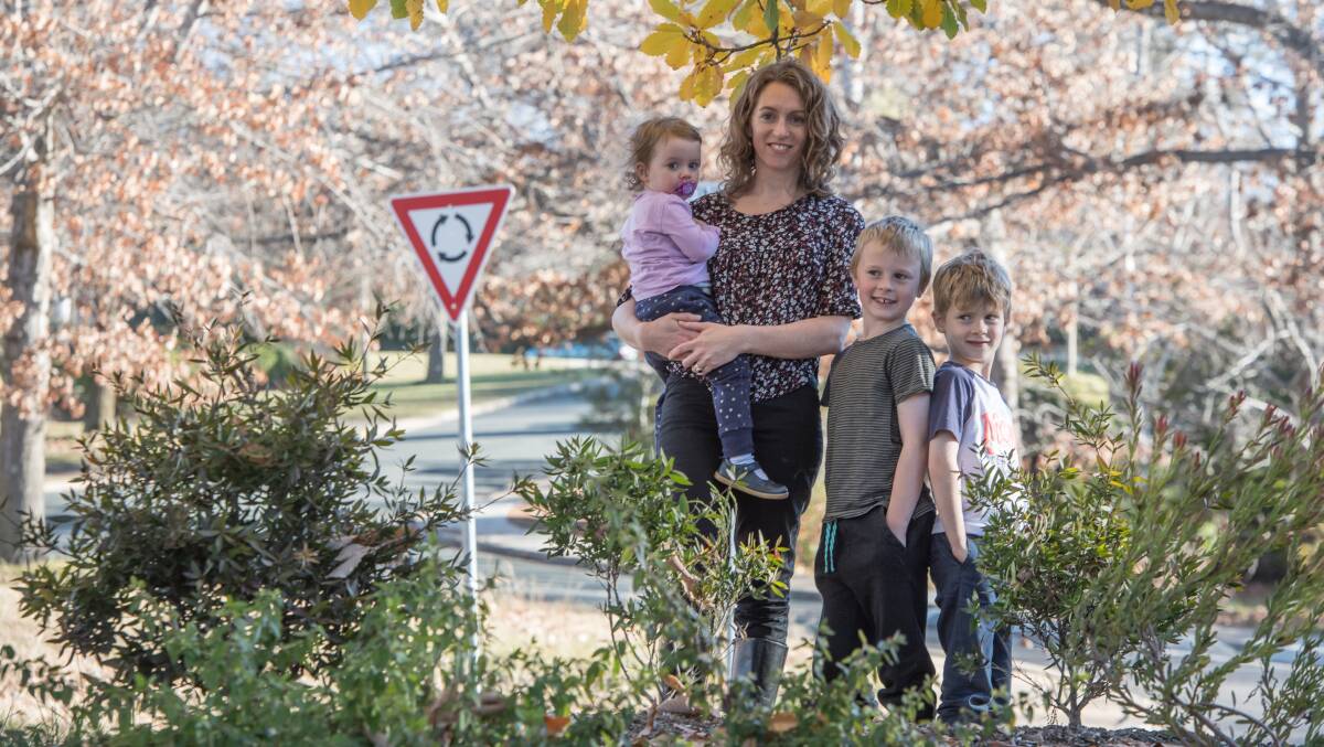 Claire Buxton with 3 of her 5 children, Theo 9, Gus 7 and Cora 2, gave evidence today at the inquiry into maternity services at Canberra Hospital. Picture: Karleen Minney