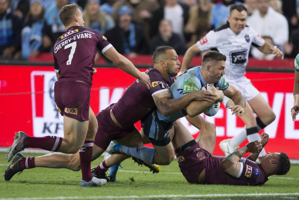 Blues fullback James Tedesco scores the first of his two tries on Wednesday night. Picture: AAP