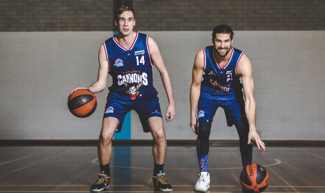 Canberra Gunners Nick Jackson, left, and Daniel Joyce showing off the Cannons' heritage jersey. Picture: Jamila Toderas
