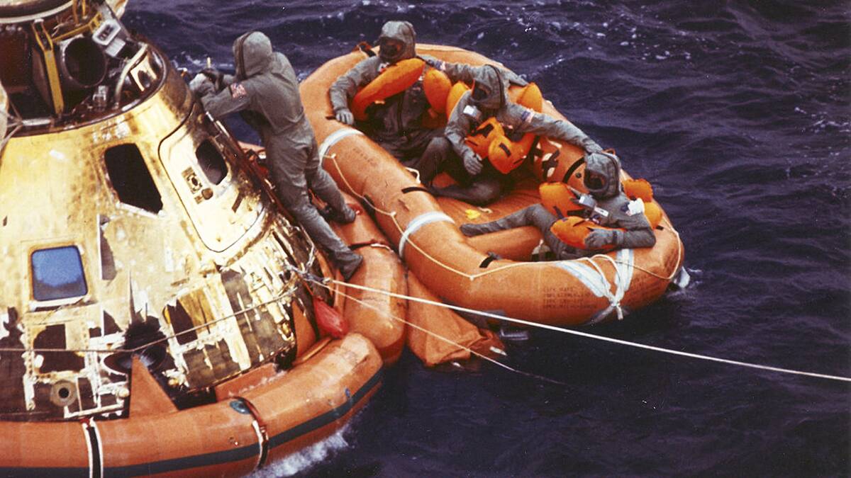 Splashdown. Neil Armstrong, Michael Collins, and Buzz Aldrin, Jr. Picture: US Navy