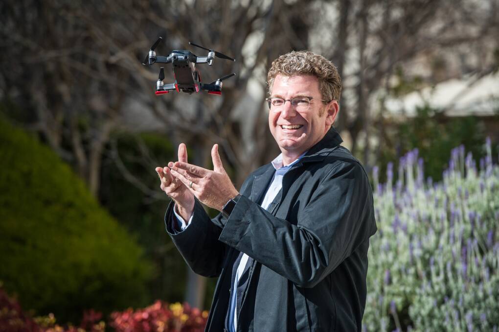DJI corporate communications manager for North America, Adam Lisberg, who visited Canberra this week, with the compact Mavic 2 drone. Picture: Karleen Minney