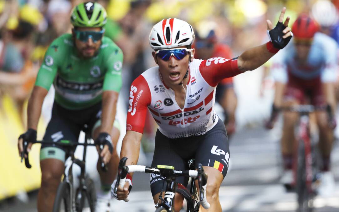 Australia's Caleb Ewan celebrates his first Tour stage win. Picture: AP Photo/Christophe Ena