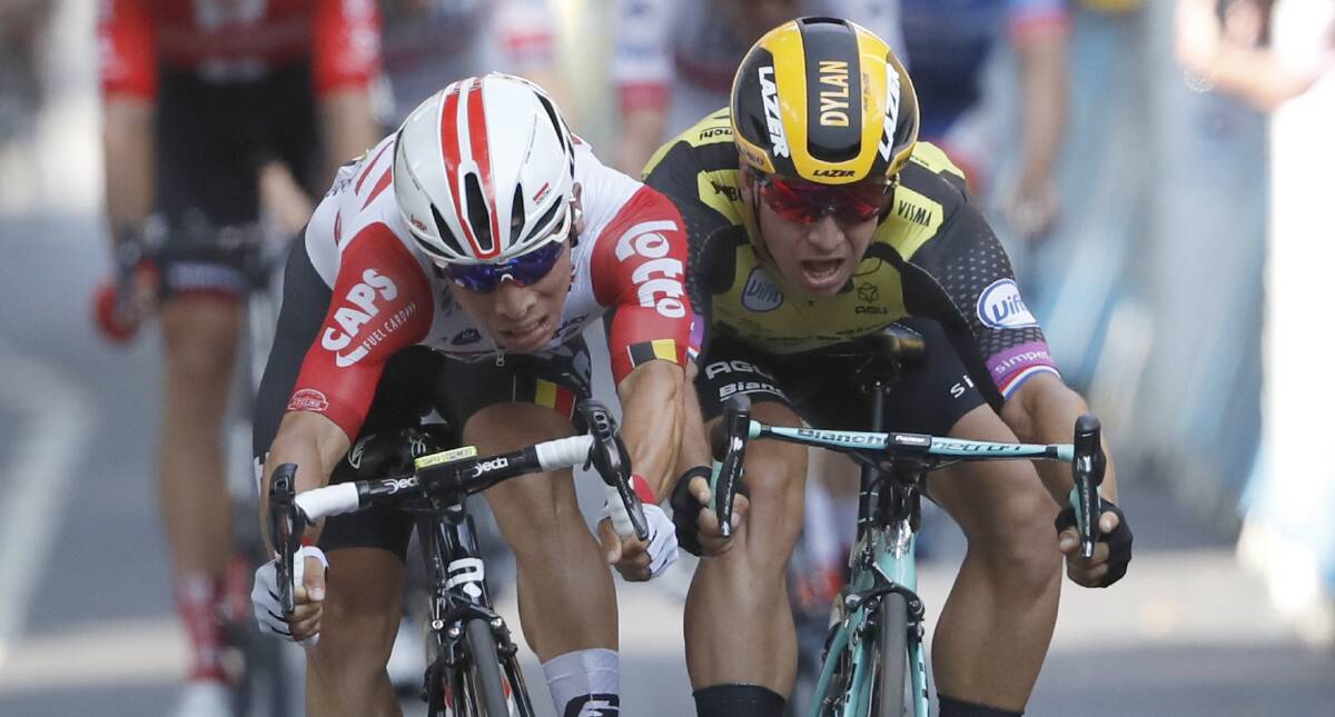 Ewan edges out Netherlands' Dylan Groenewegen in the sprint finish. Picture: AP Photo/Christophe Ena