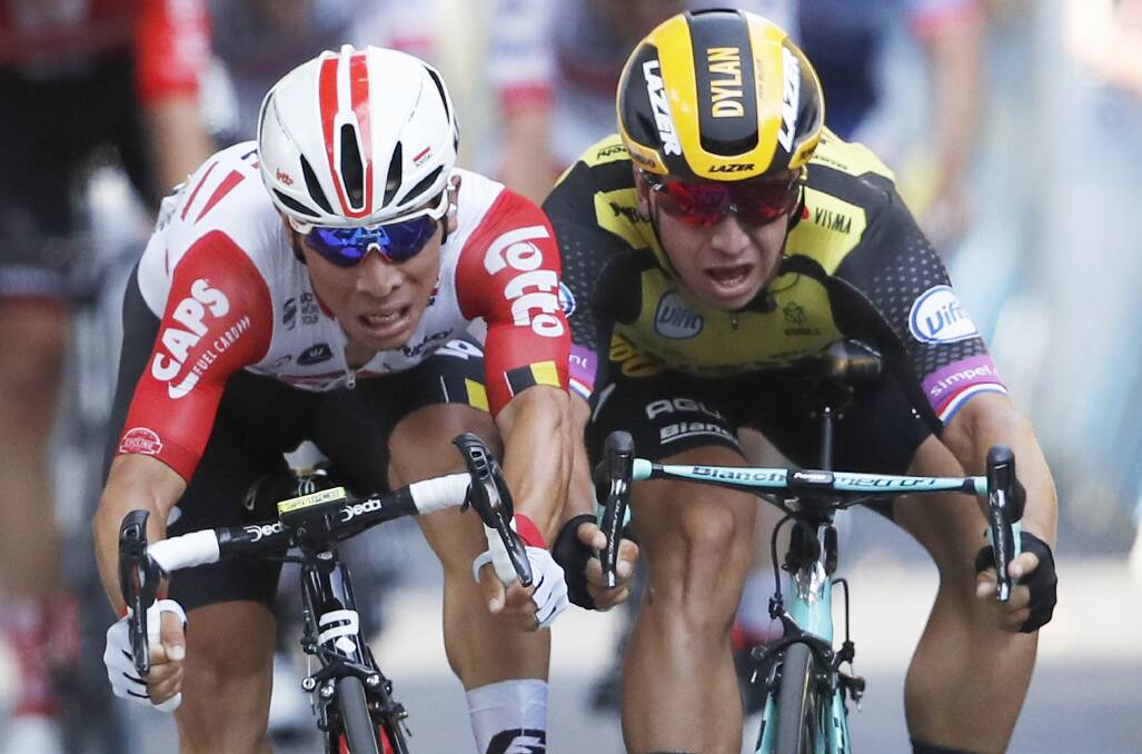 Australia's Caleb Ewan and Netherlands' Dylan Groenewegen sprint to the finish line during the eleventh stage of the Tour de France cycling race. Picture: AP