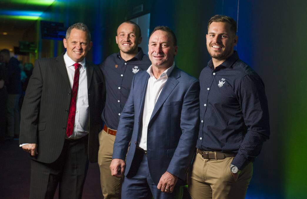 Past and present: 1989 Raiders Steve Walters and Ricky Stuart with Josh Hodgson and Aidan Sezer. Picture: Dion Georgopoulos