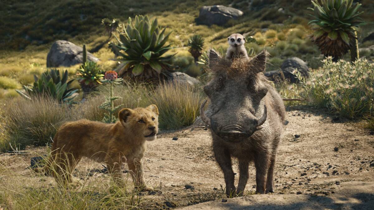  Simba, left, Timon,top right, and Pumbaa in The Lion King (2019) Picture: Disney via AP