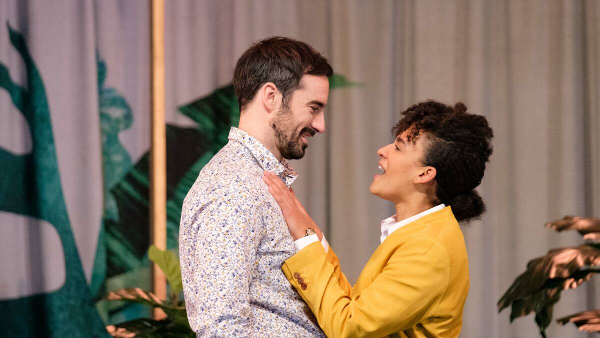 Duncan Ragg as Benedick and Zindzi Okenyo as Beatrice in Bell Shakespeare's Much Ado About Nothing. Picture: Clare Hawley