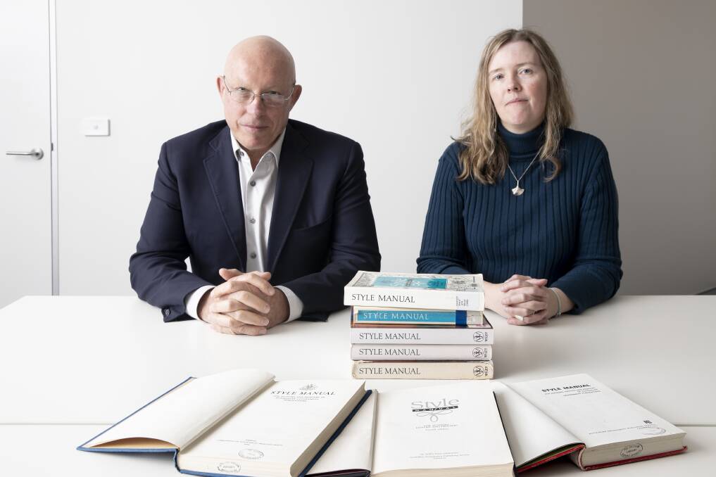 Ethos CRS chief executive Chas Savage, left, and Australian National Dictionary Centre director Amanda Laugesen with the manual's earlier editions. Picture: Sitthixay Ditthavong