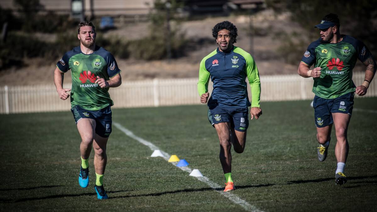 Raiders prop Sia Soliola, middle, says their versatile pack is a strength. Picture: Karleen Minney