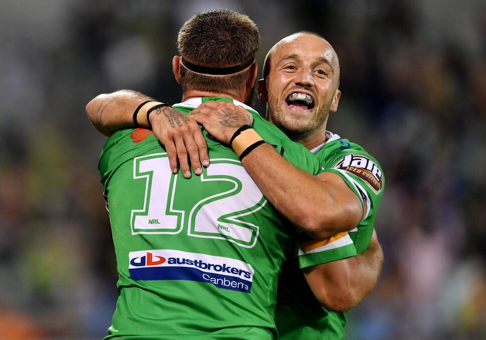 Raiders co-captain Josh Hodgson has made a habit of one-on-one strips. Picture: Gregg Porteous/NRL Photos