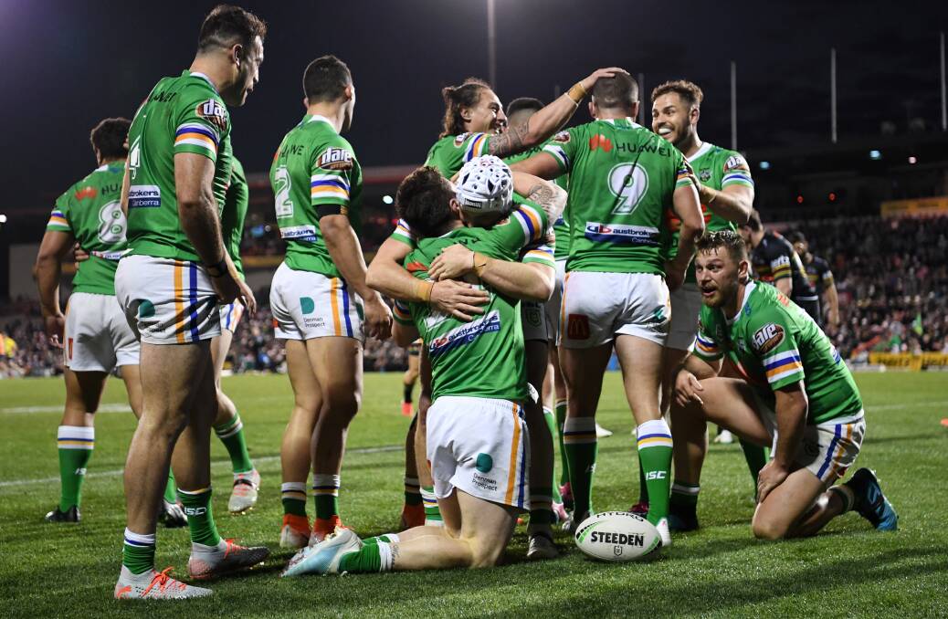 The Raiders celebrate following John Bateman's try. Picture: Grant Trouville/NRL Photos