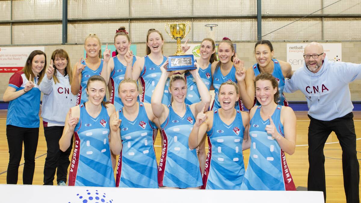 Canberra, with coach Tara Steel (left), crowned 2019 State League division-one champions. Picture: Jamila Toderas