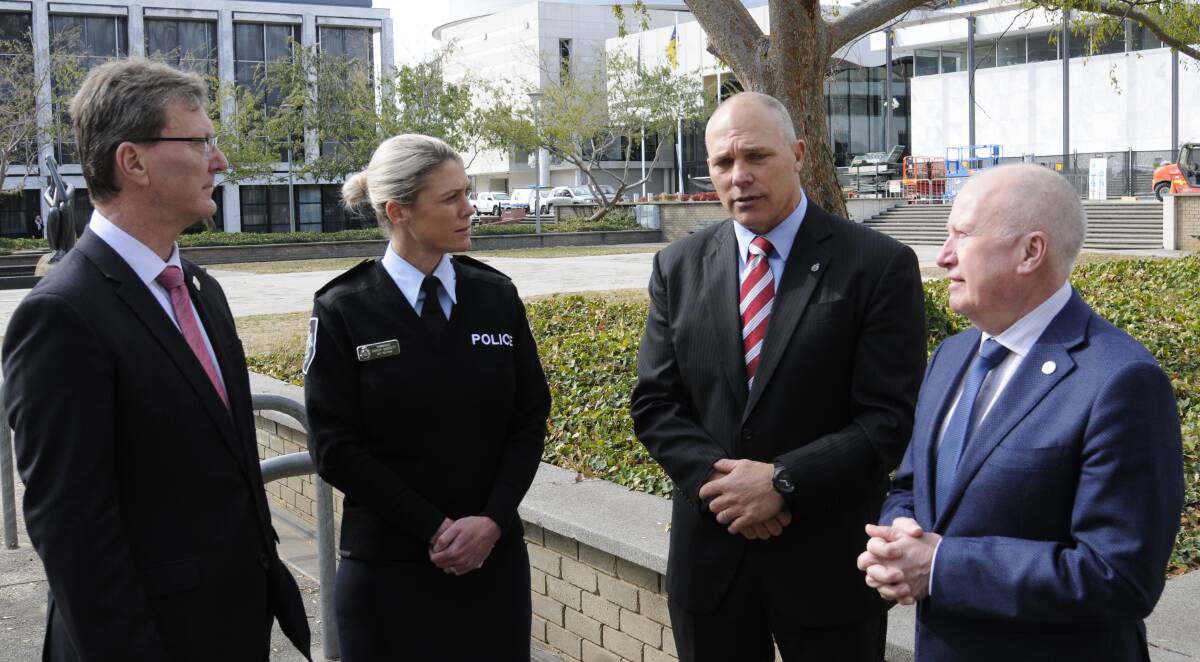 ACT Attorney-General Gordon Ramsay, Deputy Chief Police Officer of Crime Krissy Barrett, Detective Superintendent Scott Moller and Minister for Police Mick Gentleman announcing ACT Policing's seizure of Lakeside Tattoo Parlour for alleged money laundering. Picture: Elliot Williams