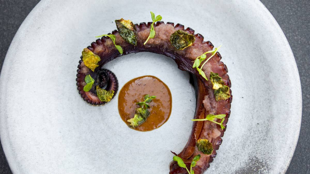 Robata grilled Fremantle octopus with XO miso and green apple relish and brussels sprouts. Picture: Jamila Toderas
