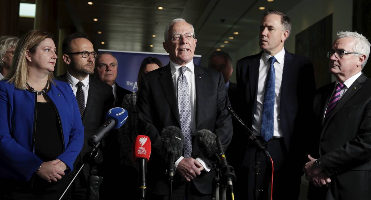 Former Victorian Supreme Court Judge David Harper addresses the media during a joint press conference with crossbench politicians. Picture: Alex Ellinghausen