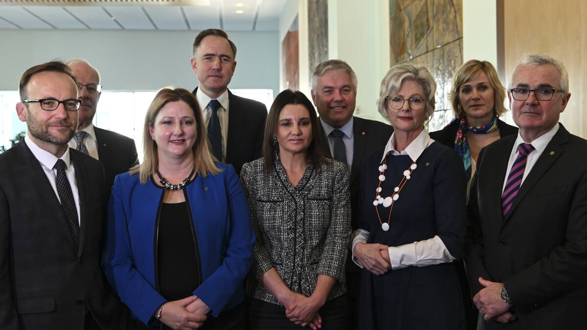 From left Crossbench MPs Adam Bandt, Rebekha Sharkie, Senator Jacqui Lambie, Senator Rex Patrick, Helen Haines, Zali Steggall and Andrew Wilkie pose for photographs with former Victorian Supreme Court judge David Harper and Executive Director of the Australia Institute Ben Oquist. Picture: AAP
