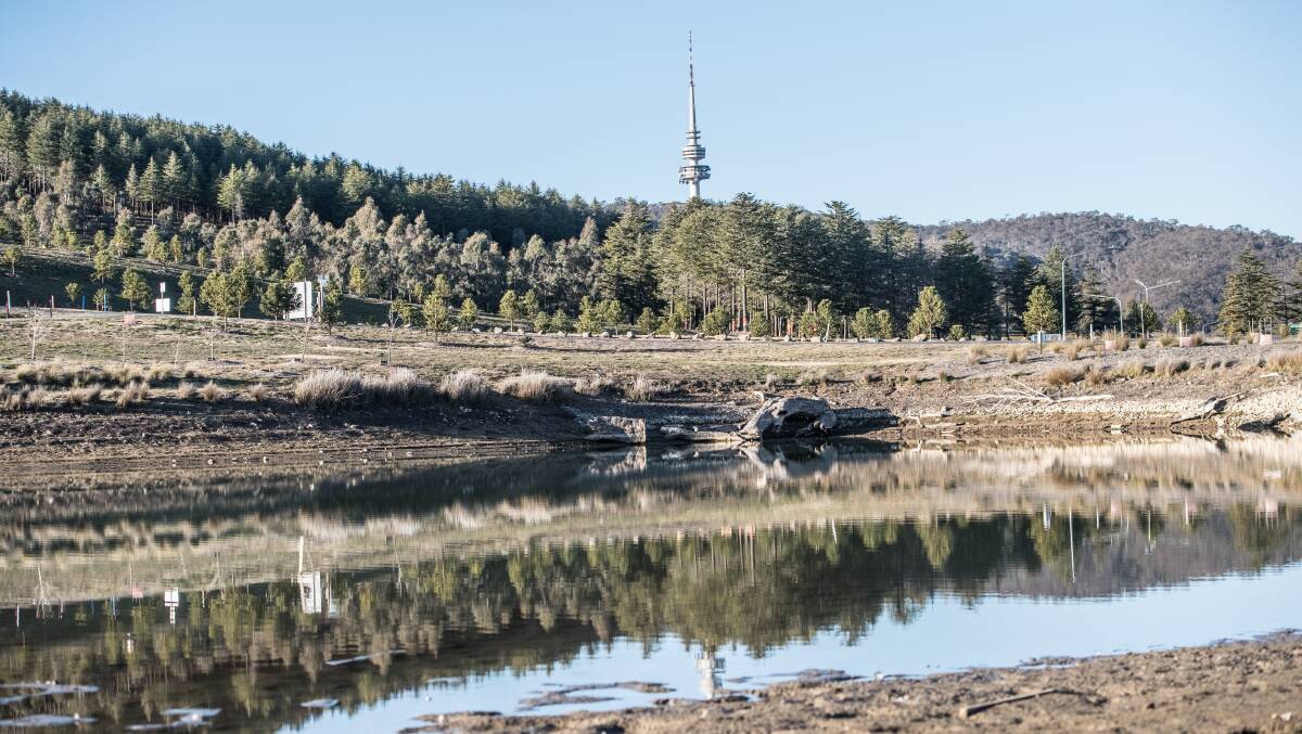 A near empty dam at the National Arboretum of Australia as the national weather bureau records a drier than average July for Canberra. Picture: Karleen Minney