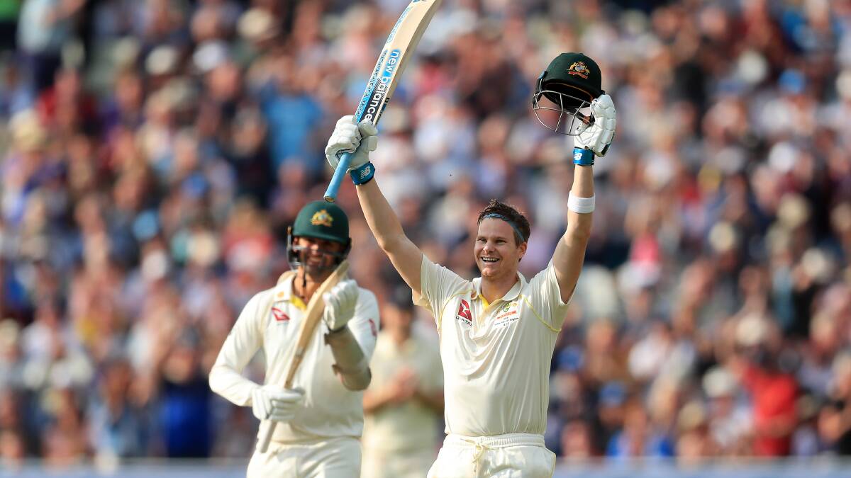 Steve Smith celebrates his century during day one of the Ashes Test match at Edgbaston, Birmingham. Picture: PA