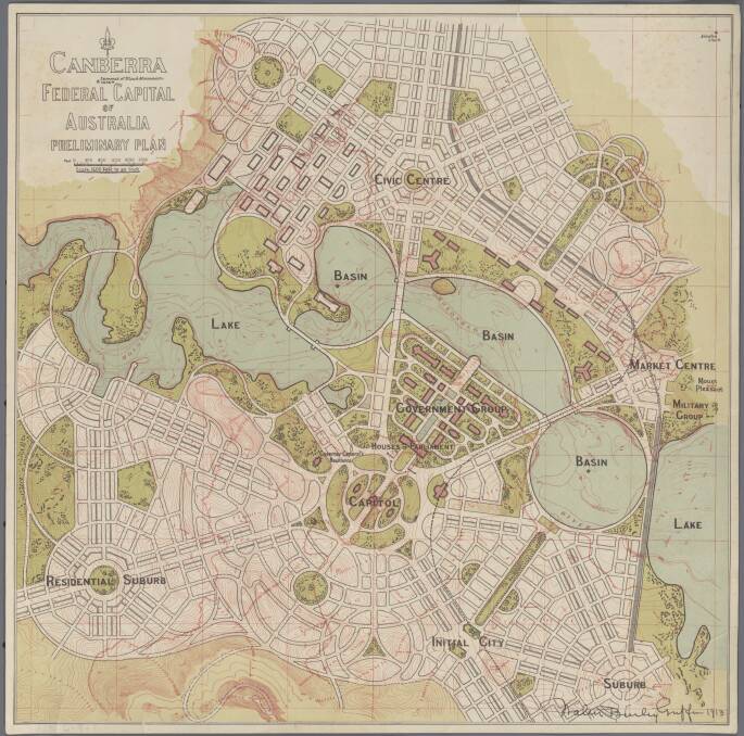 The Griffins' design for the Federal Capital of Australia, as shown in the 1913 preliminary plan. Picture: National Library of Australia