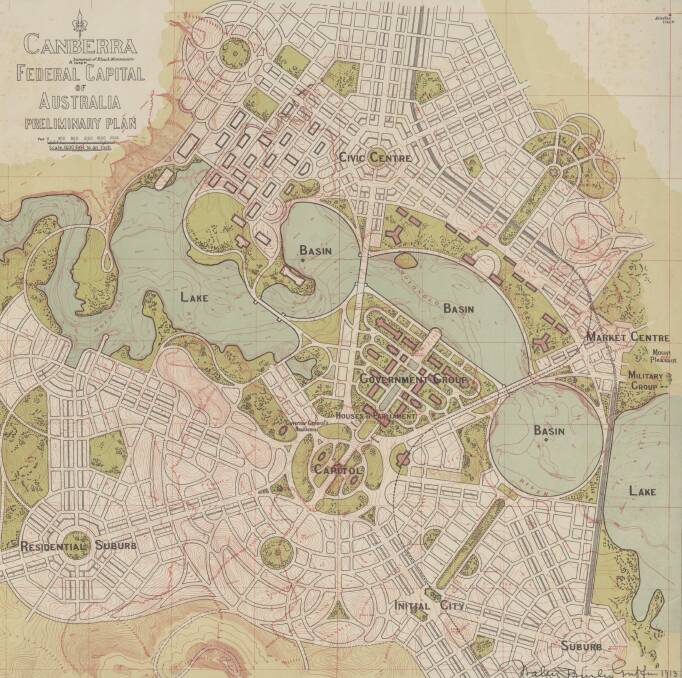 Walter Burley Griffin's design for the Federal Capital of Australia, as shown in his 1913 preliminary plan. Picture: National Library of Australia