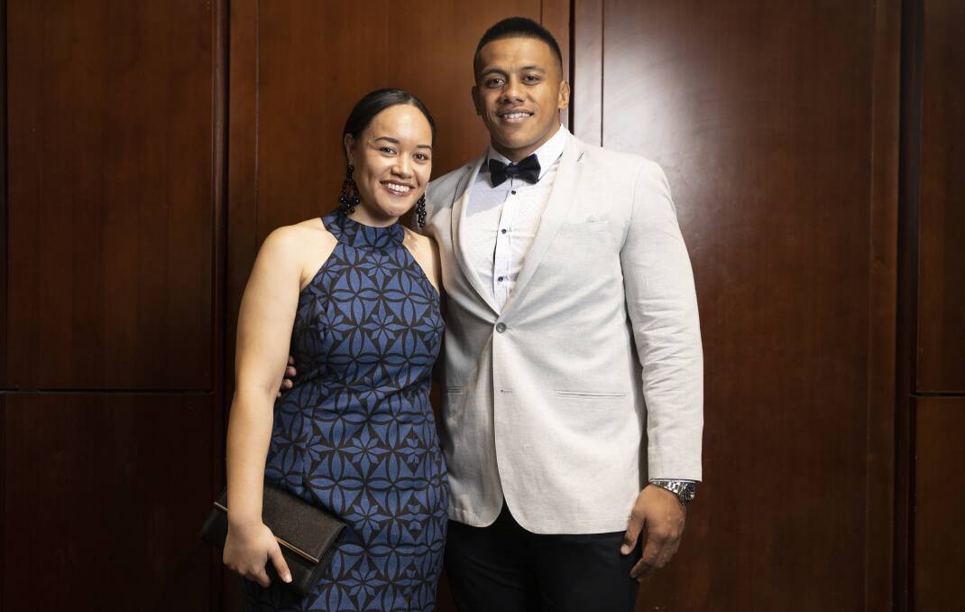 Allan Alaalatoa with partner Filo Malifa at the Brumbies awards night. Picture: Sitthixay Ditthavong