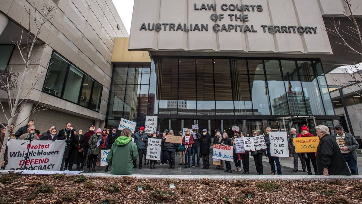 Protestors demonstrating in support of Witness K and Bernard Collaery at the Law courts of the ACT. Picture: Karleen Minney