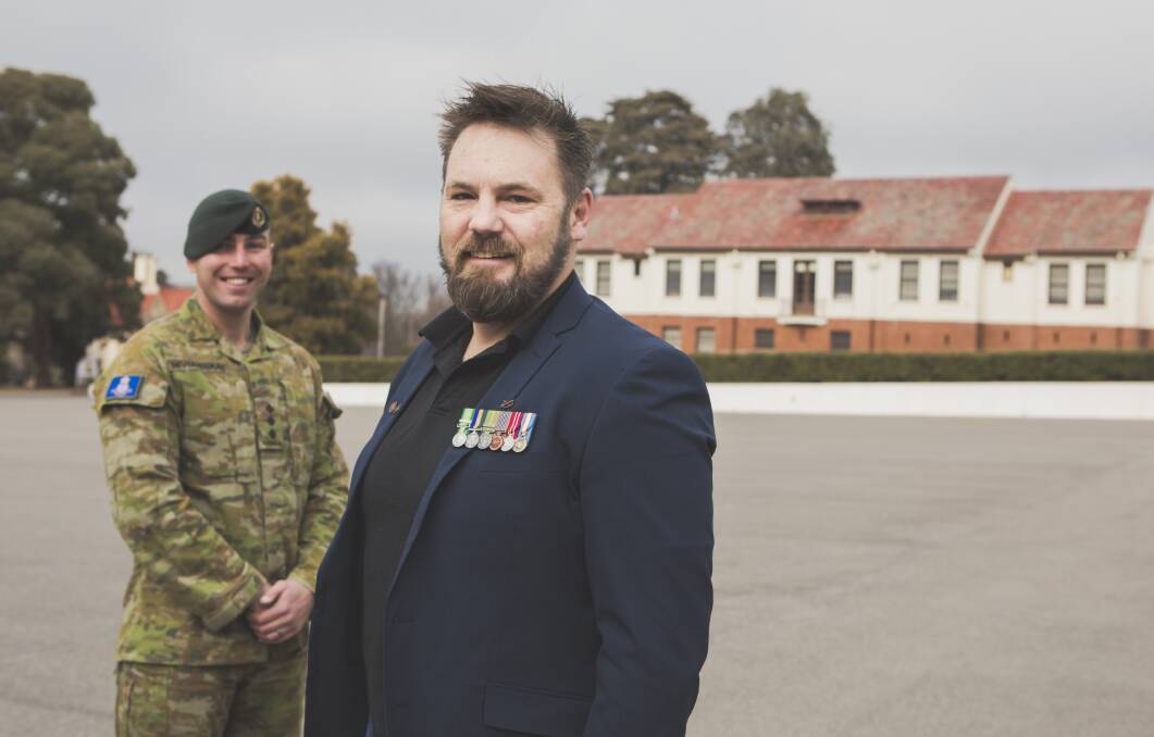 Shaun Barry (front) and Captain Tom Neverauskas at the Royal Military College, Duntroon. Picture: Jamila Toderas