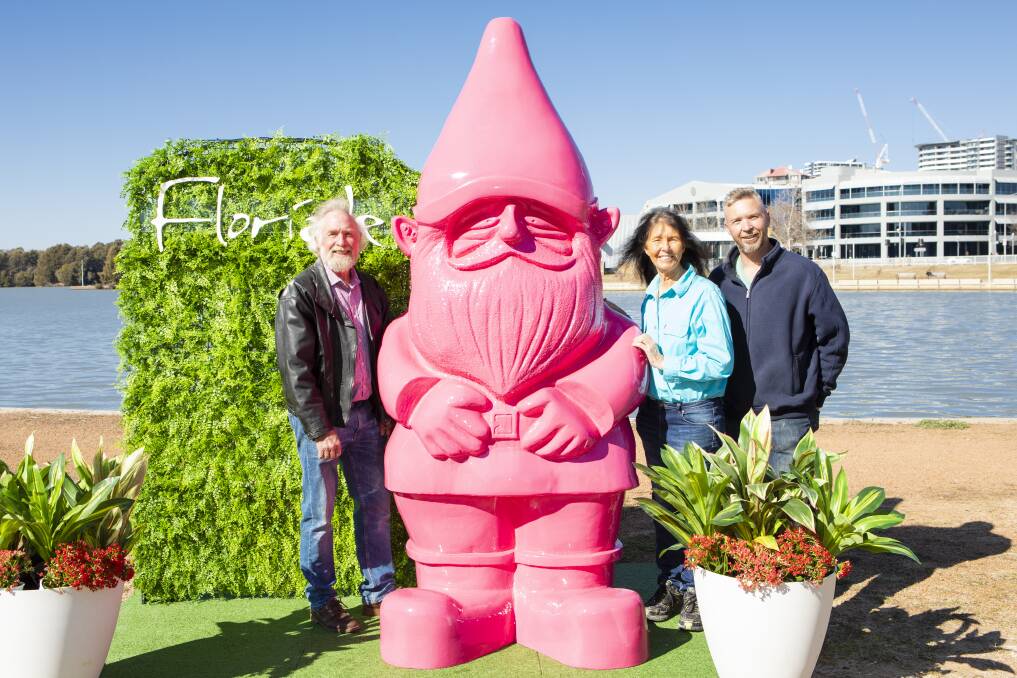 Artists, Peter, Jenny and Geoff Filmer, with their gnome. Picture: Jamila Toderas